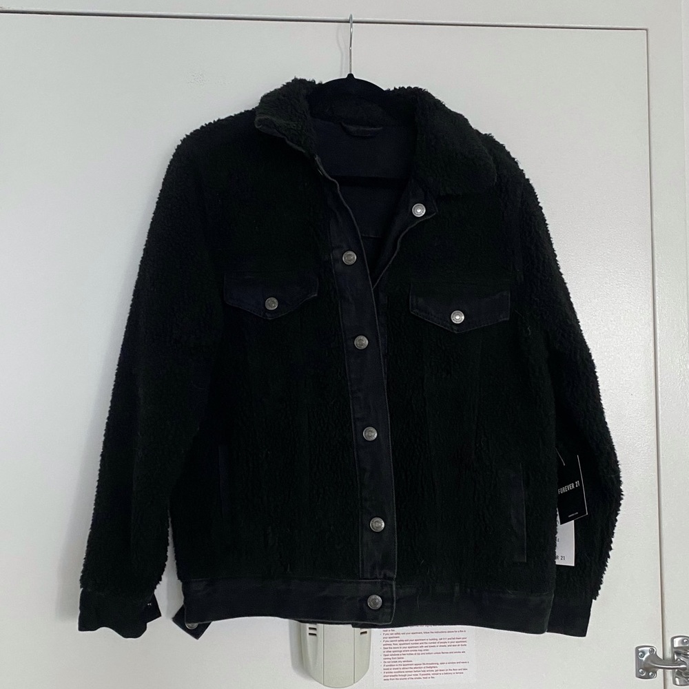 Forever 21 Oversized Black Denim Reversible Jacket Teddy Lining sz S